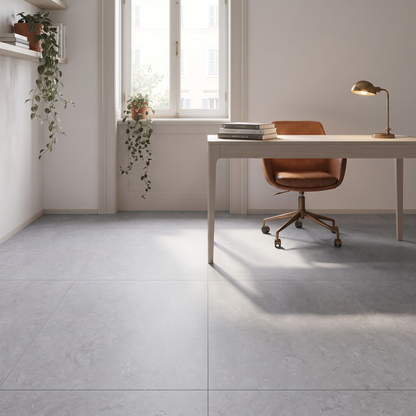 Manarola Silver concrete-look porcelain floor in a modern study
