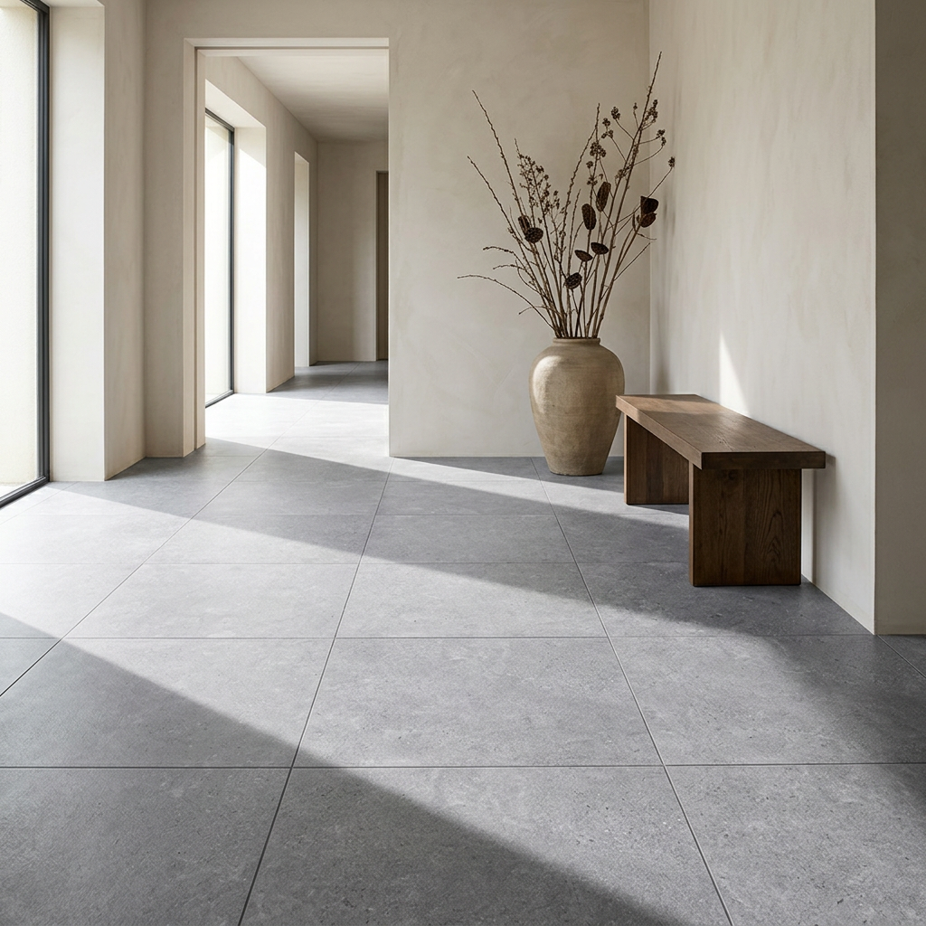 Charleston Argento concrete-look porcelain floor in a refined hallway