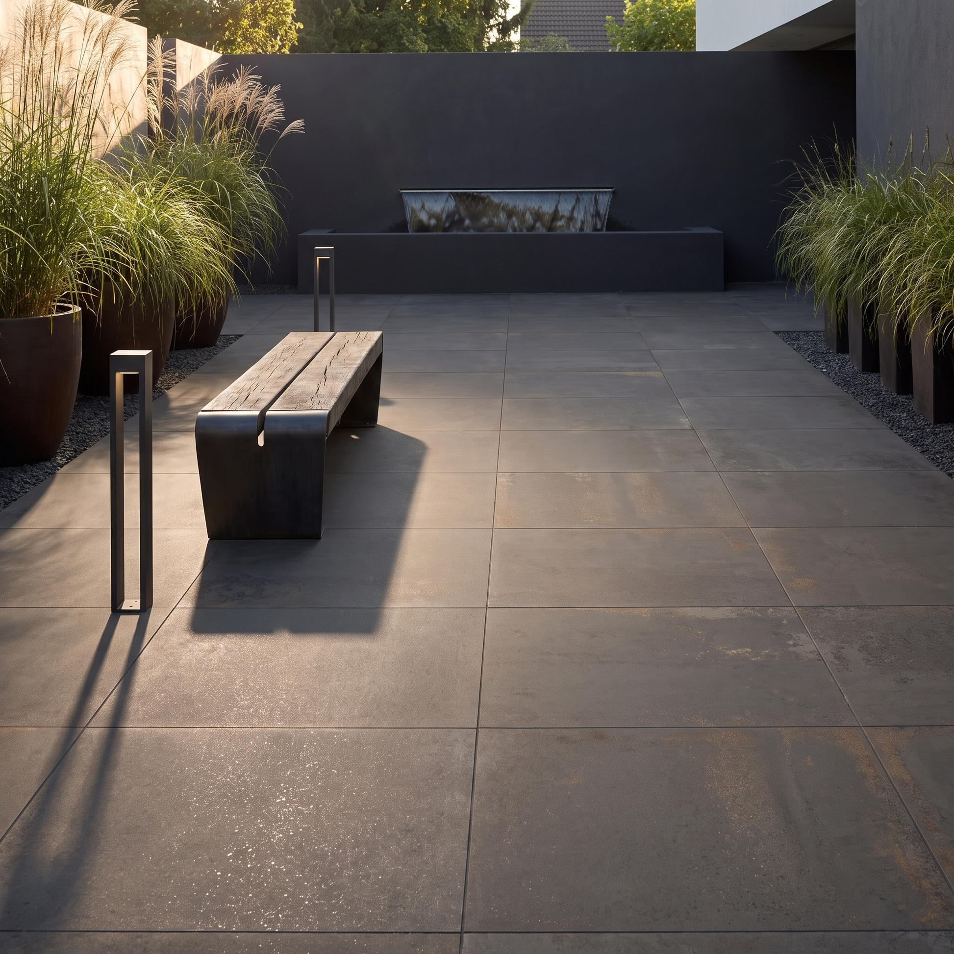 Metallic Carbon porcelain paving at a modern entrance forecourt