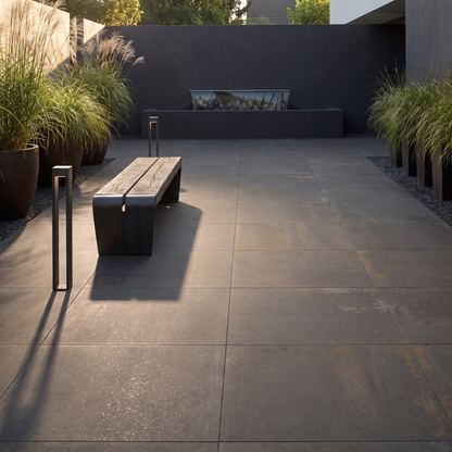 Metallic Carbon porcelain paving at a modern entrance forecourt