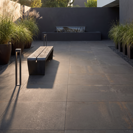 Metallic Carbon porcelain paving at a modern entrance forecourt