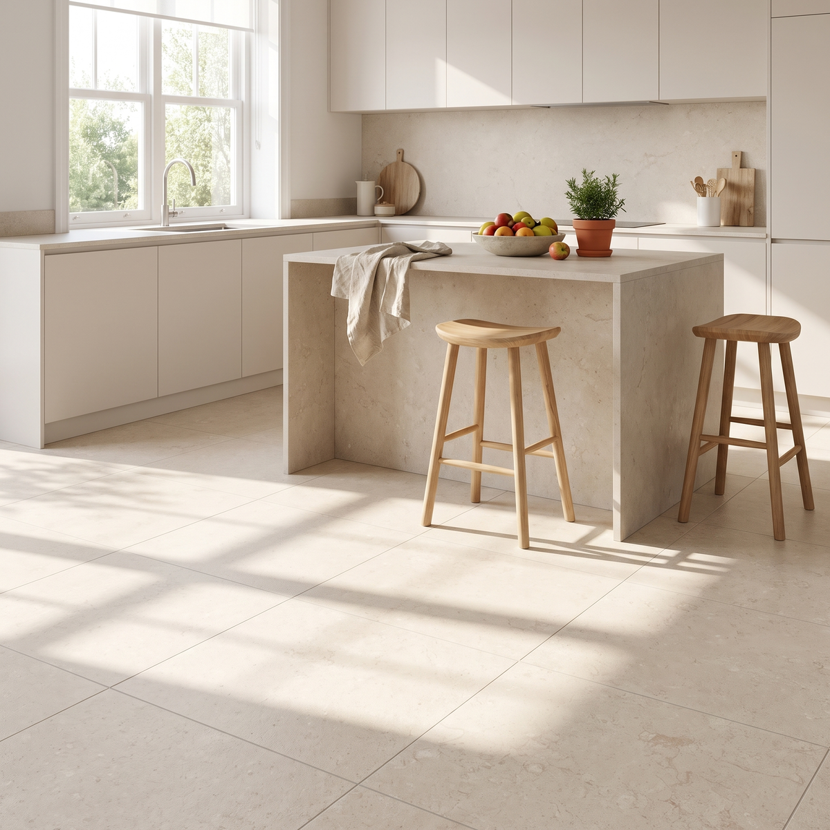 Manarola Sand concrete-look porcelain floor in a bright kitchen