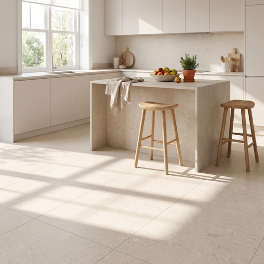 Manarola Sand concrete-look porcelain floor in a bright kitchen