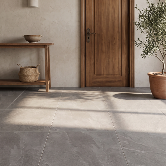 Torino Grege slate-look porcelain floor in a warm entrance hall