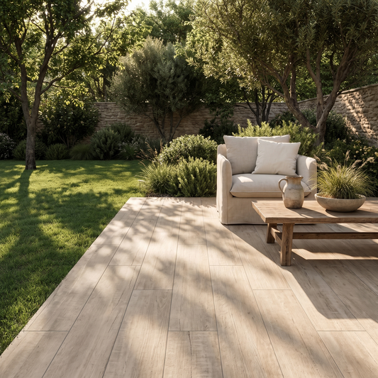 Arbole Cream wood-look porcelain decking beside a lawn