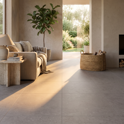 Manarola Taupe concrete-look porcelain floor in a warm living space