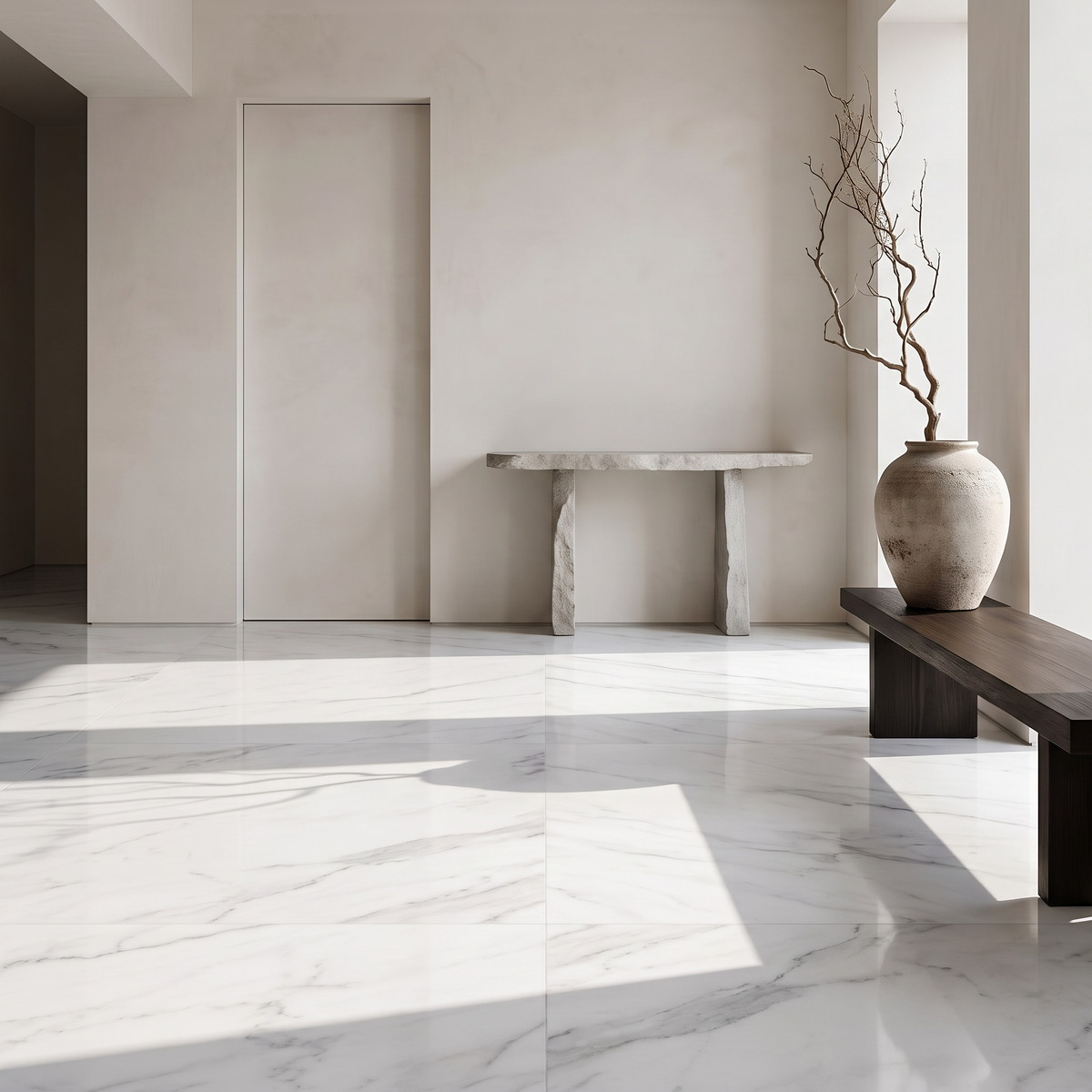 Arabescato marble floor in a minimal entrance hall