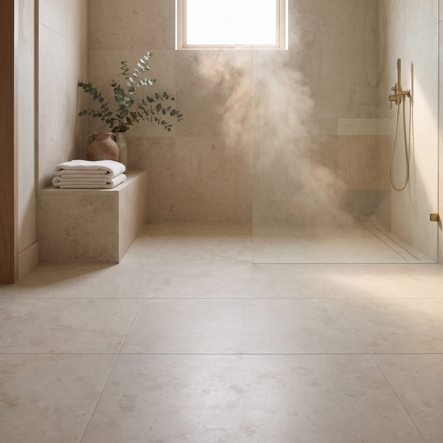 Cloudy Limestone floor in a serene stone bathroom