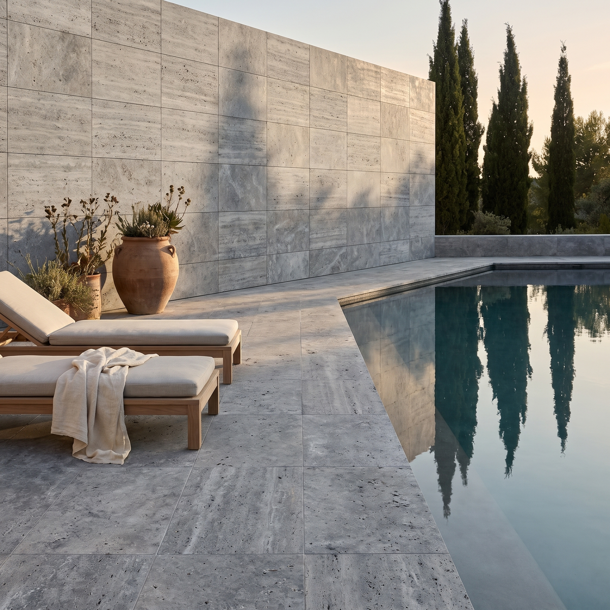 Silver Travertine paving beside a serene pool courtyard