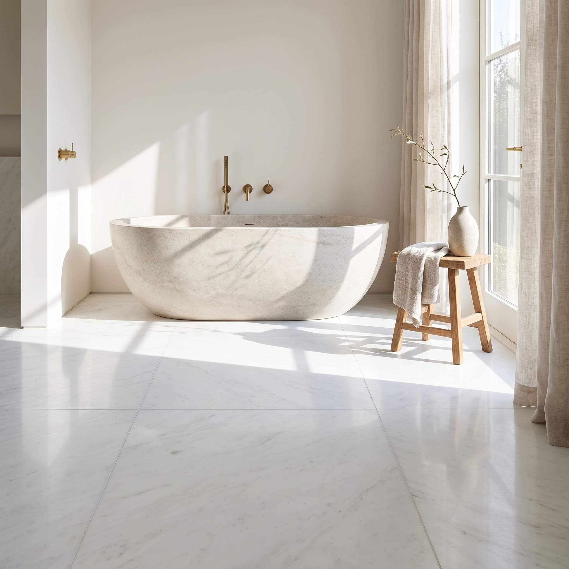 Snow White marble floor in a bright minimal bathroom