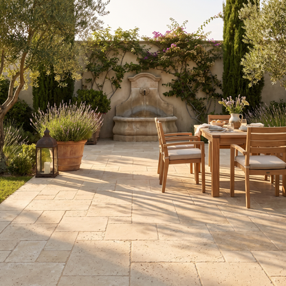 Smyrna travertine pavers on a sunlit garden terrace