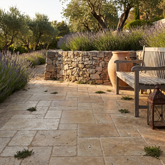 Walnut travertine pavers on a Mediterranean garden path