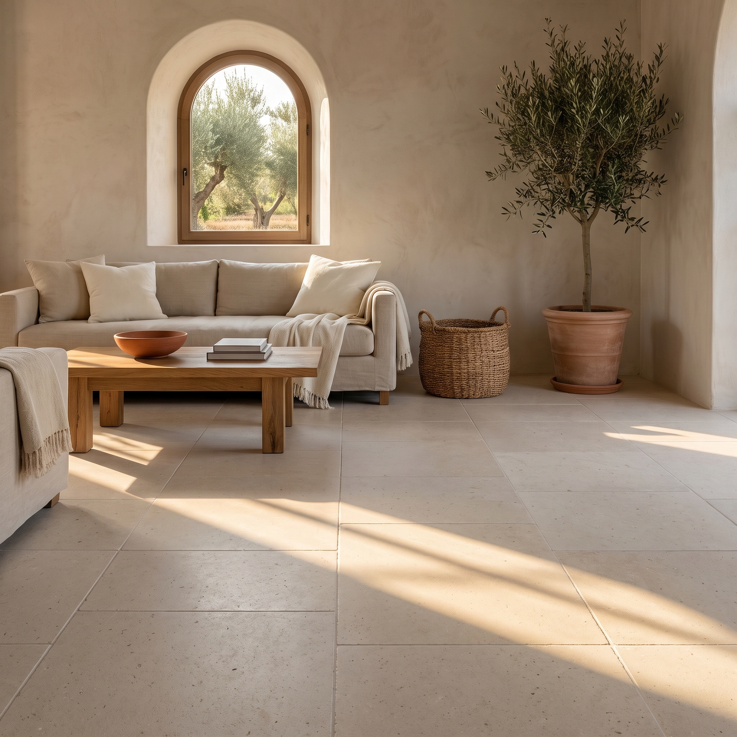 Sesamy Limestone floor in a warm Mediterranean living room