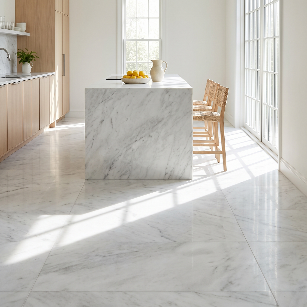 Carrara Nuovo marble floor in a bright kitchen