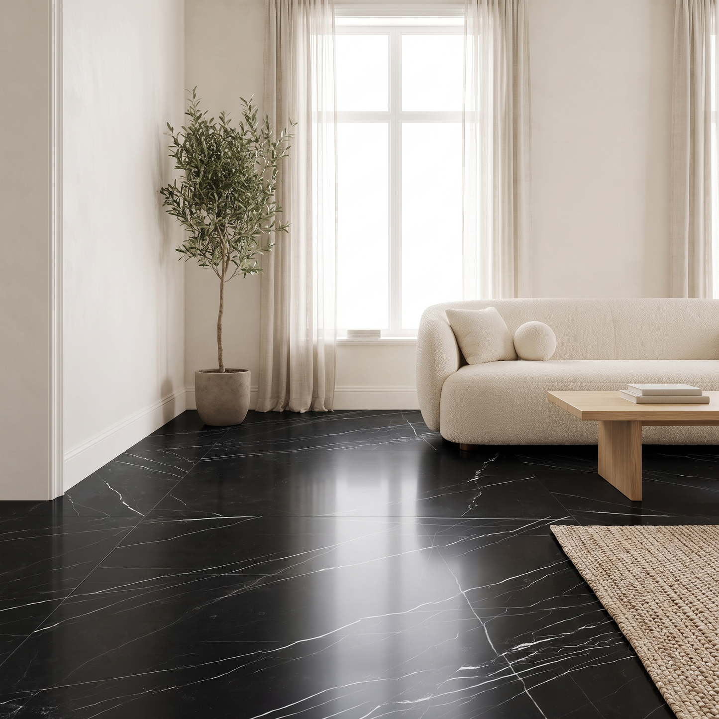 Nero marble floor in a bright contemporary living room