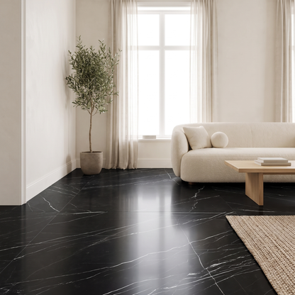Nero marble floor in a bright contemporary living room