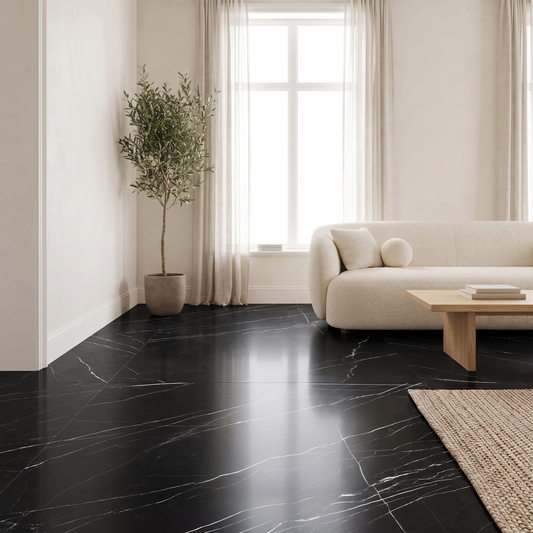 Nero marble floor in a bright contemporary living room