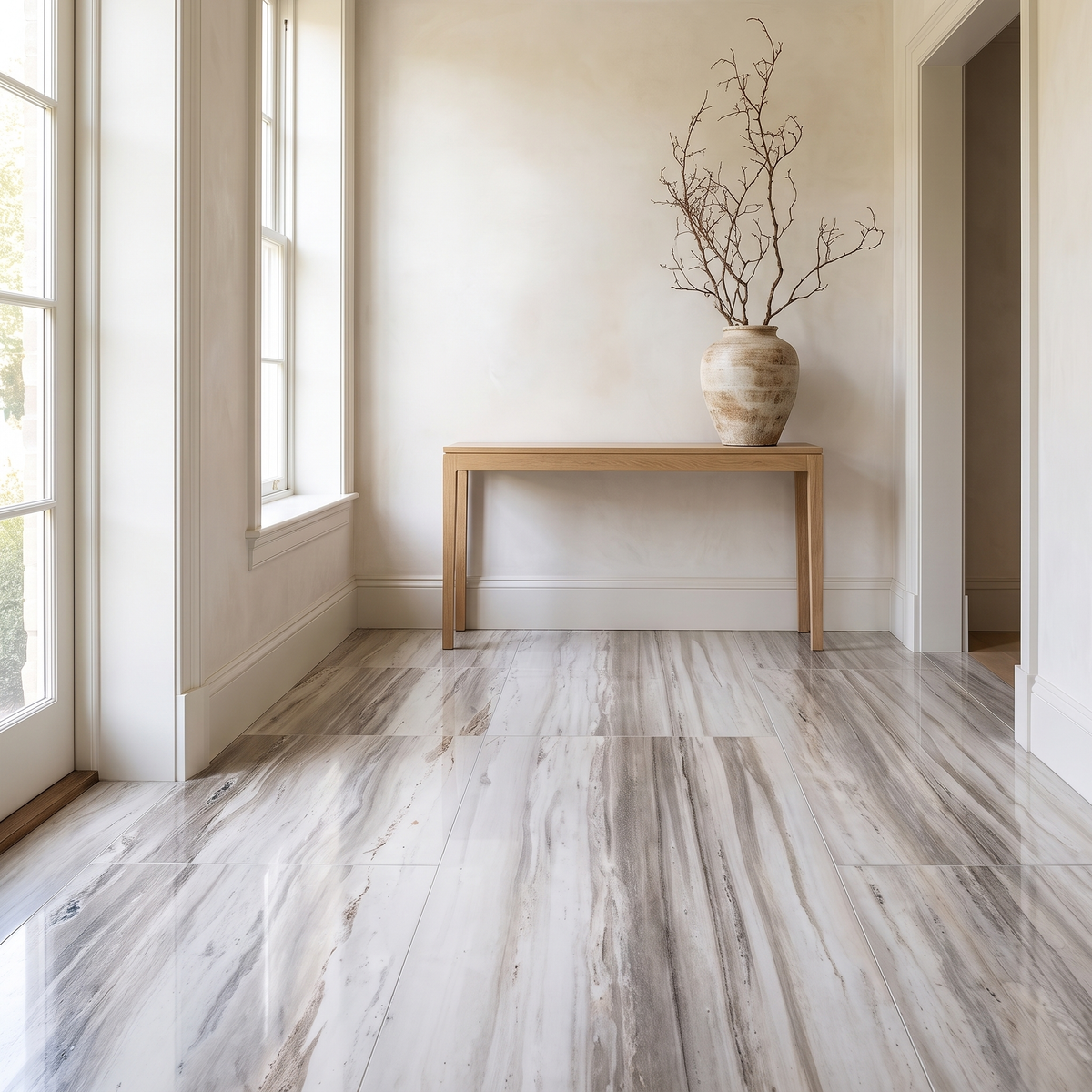 Palisandro marble floor in a bright elegant hallway