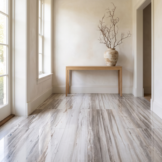 Palisandro marble floor in a bright elegant hallway