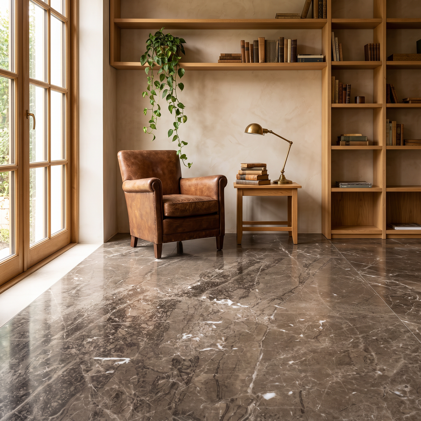 King Brown marble floor in a warm bright study