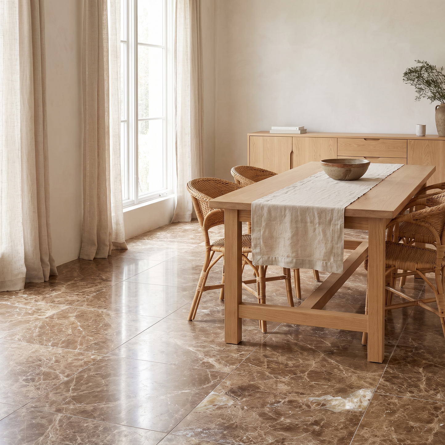 Anatoli Emparador marble floor in a bright dining room