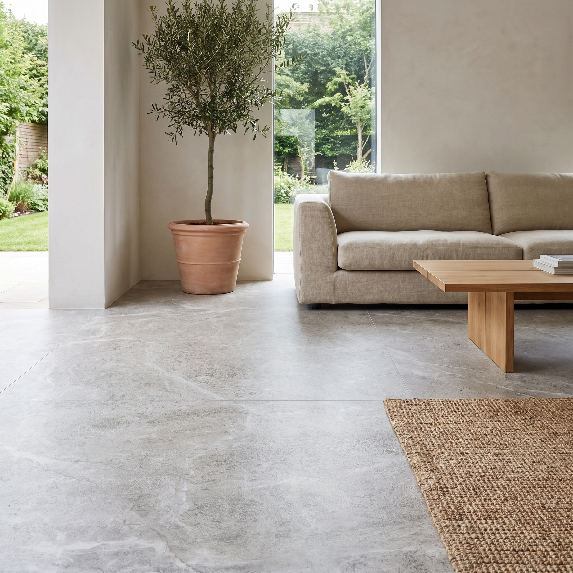 Tundra Grey marble floor in a calm modern living room
