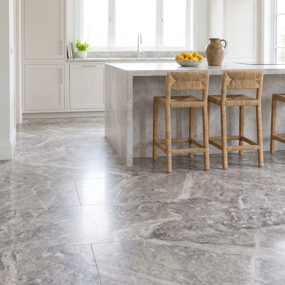 Rio Silver marble floor in a bright open kitchen