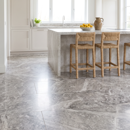 Rio Silver marble floor in a bright open kitchen