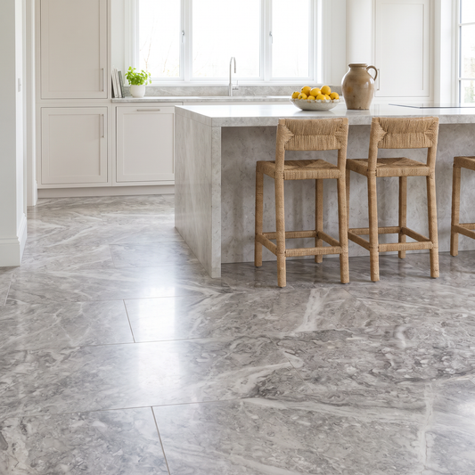 Rio Silver marble floor in a bright open kitchen