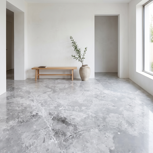 Arctic Grey marble floor in a bright minimal entrance hall