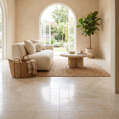 Crema Nova marble floor in a warm living room