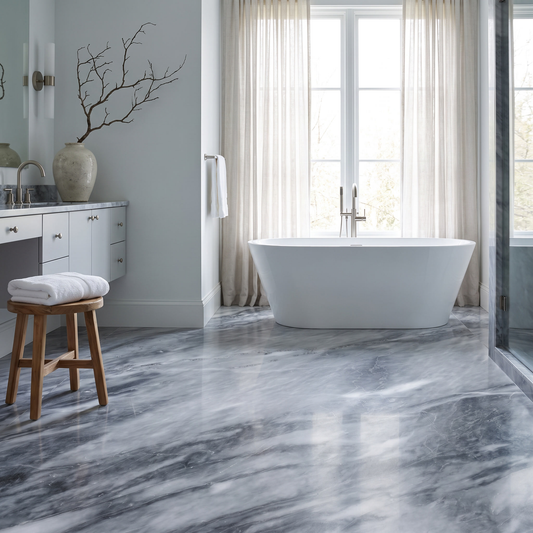 Bardiglio marble floor in a bright contemporary bathroom