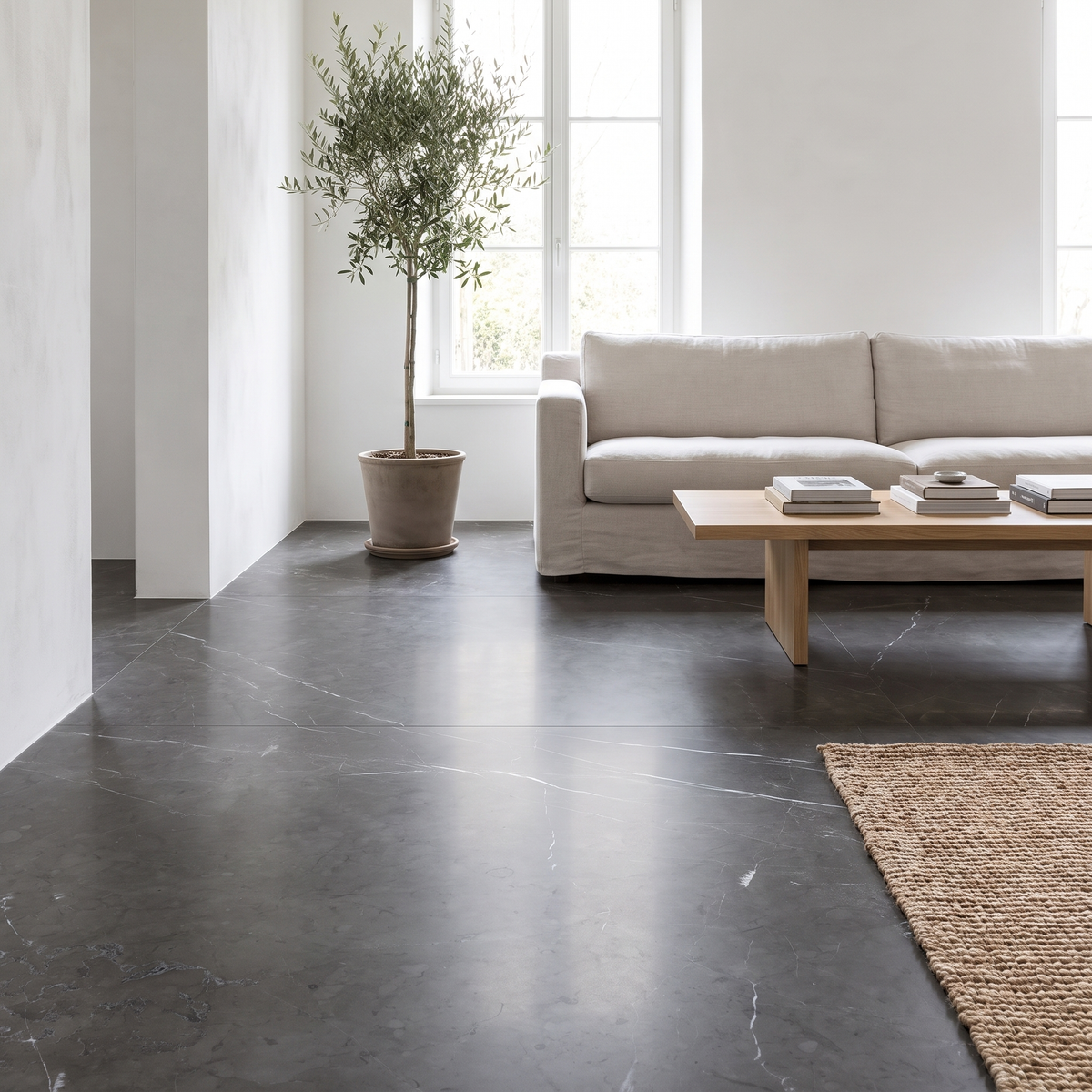 Pietra Grey marble floor in a bright airy living room