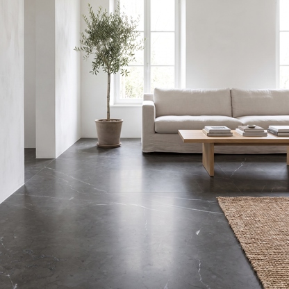 Pietra Grey marble floor in a bright airy living room