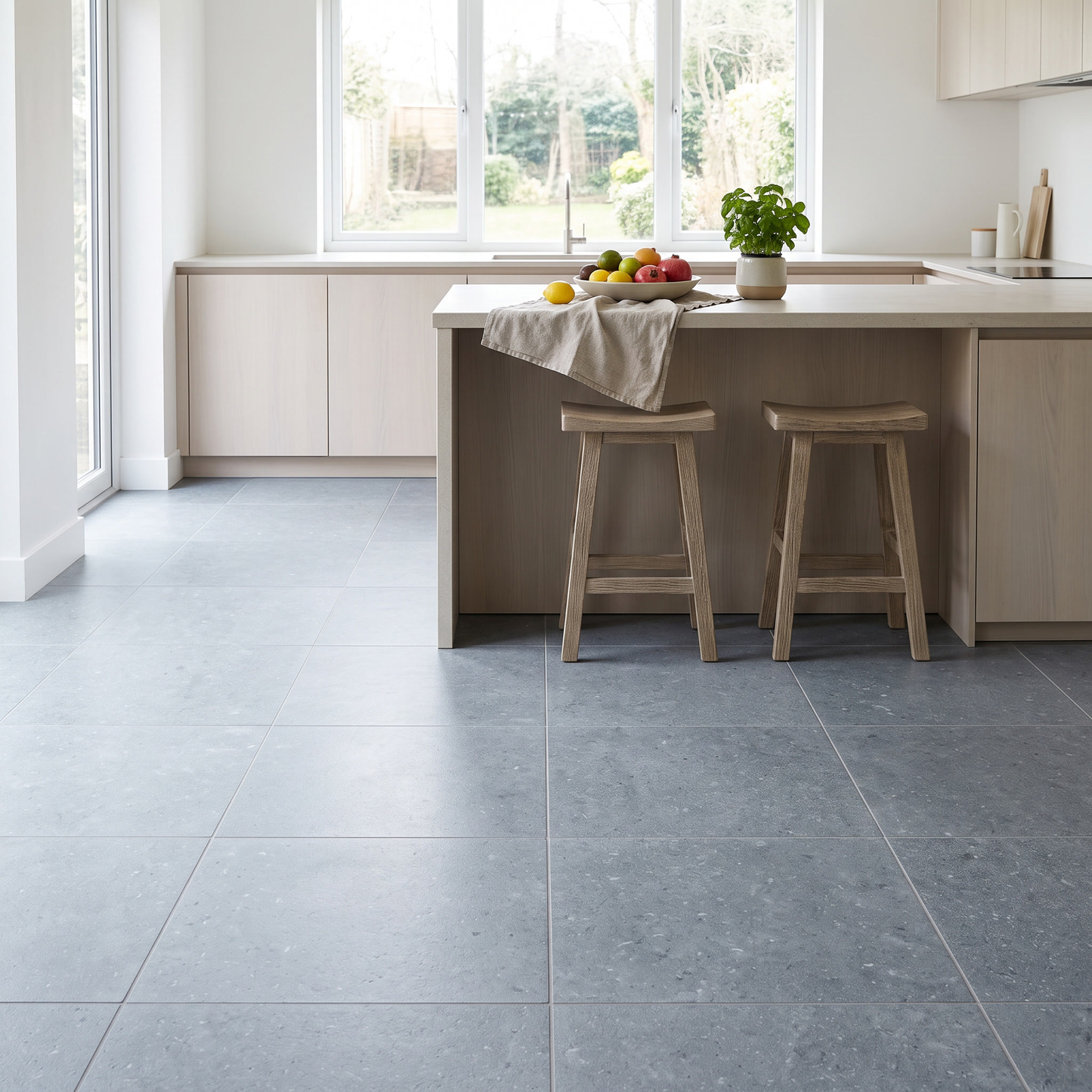 Blue Stone limestone floor in a bright contemporary kitchen