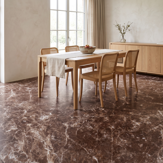 Maroon Light Emparador marble floor in a light-filled sitting room