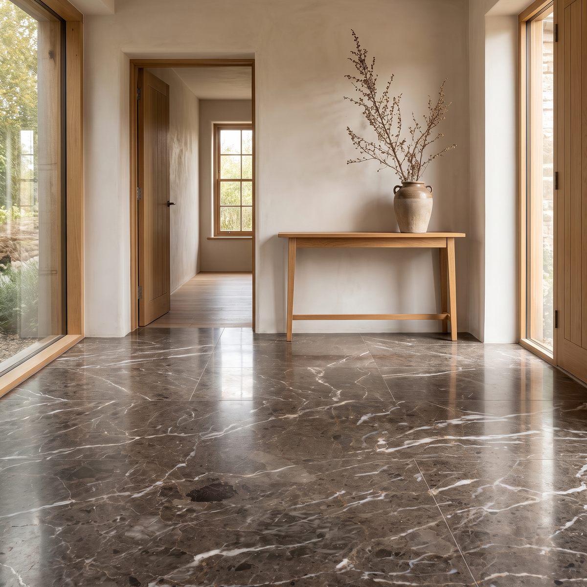 Marrone Marinace breccia floor in a bright entrance hall