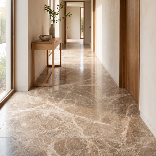 Maroon Emparador marble floor in a bright dining room