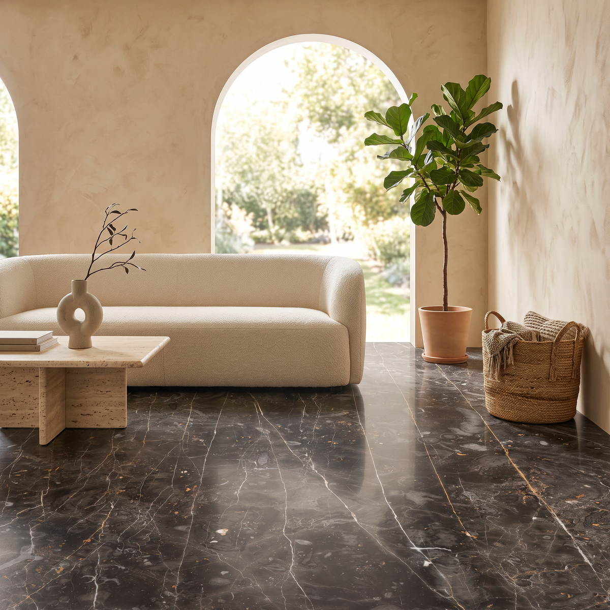 Oro Marrone marble floor in a warm bright living room