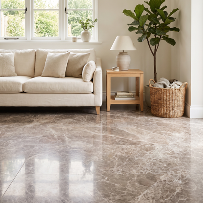 Spider Light Emparador marble floor in a warm hallway