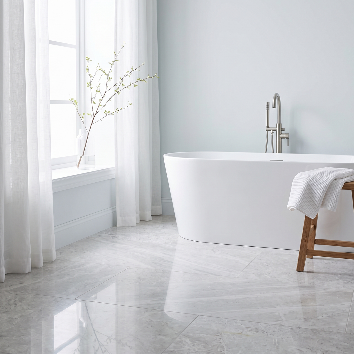 Rio Silver Pure Light marble floor in a bright minimal bathroom