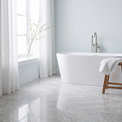 Rio Silver Pure Light marble floor in a bright minimal bathroom