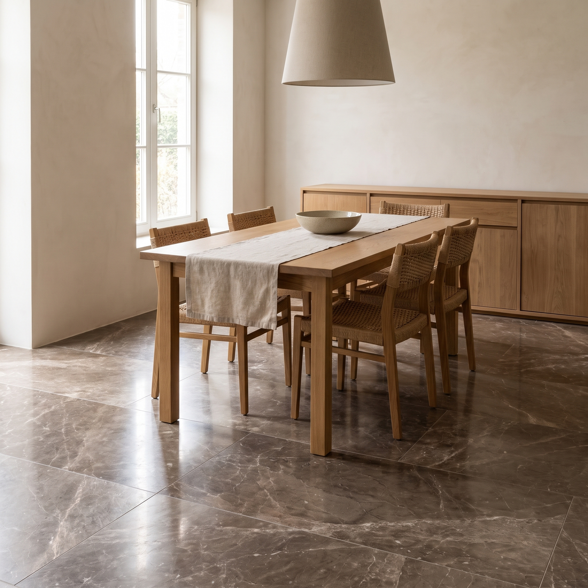 Tuna Brown marble floor in a warm bright dining room