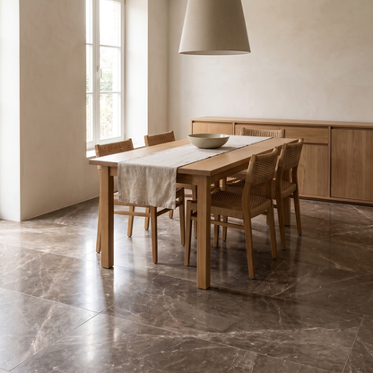 Tuna Brown marble floor in a warm bright dining room