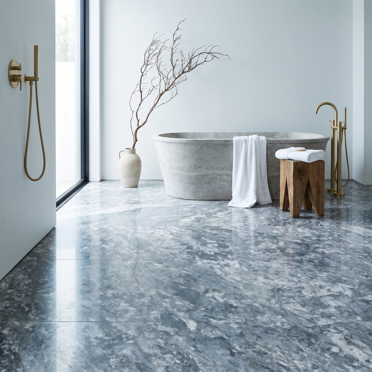 Keramos Blue marble floor in a striking bright bathroom