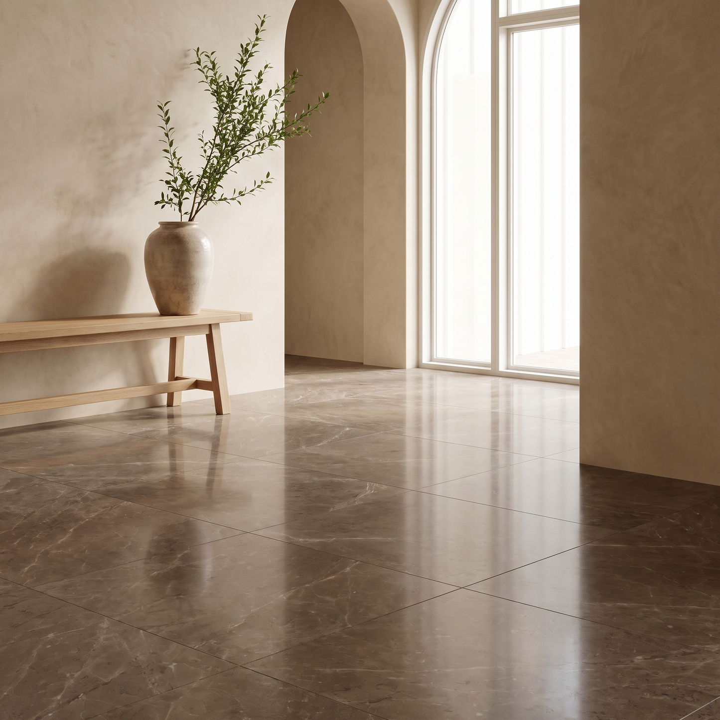 King Brown Pure marble floor in a warm bright entrance hall
