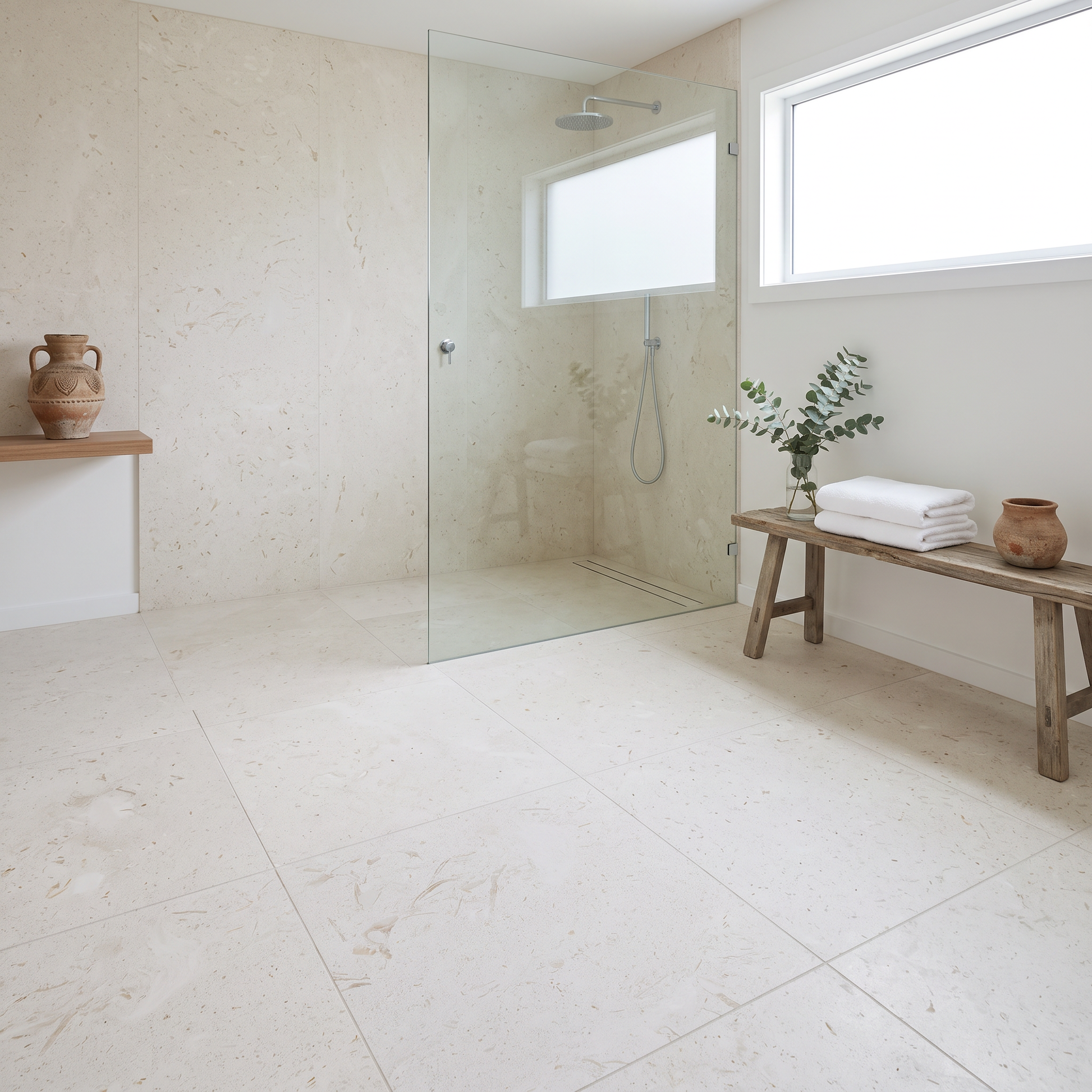 Seashell limestone floor in a bright coastal bathroom