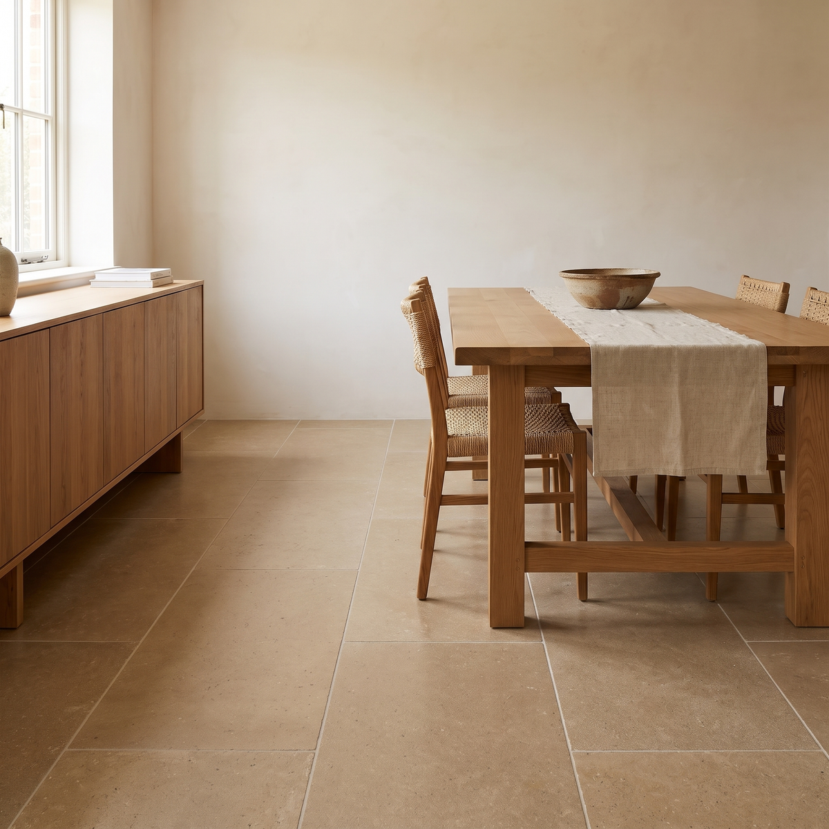 Mocha limestone floor in a warm bright dining room