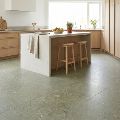 Marine Green limestone floor in a bright contemporary kitchen