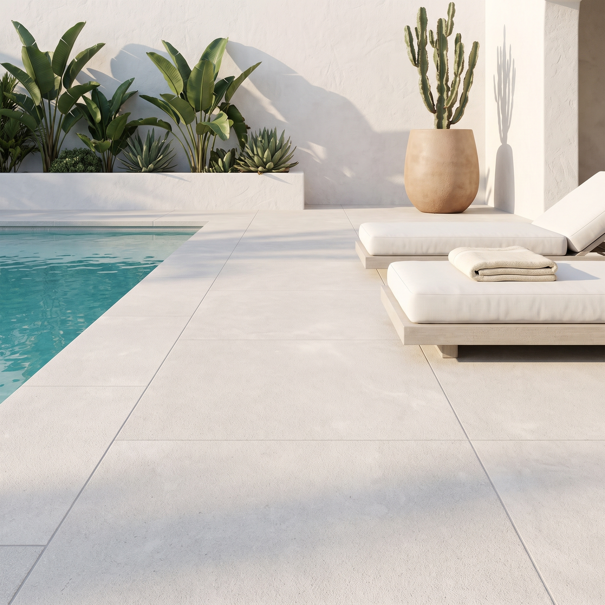 Afyon Sky sandblasted pavers on a bright modern pool terrace